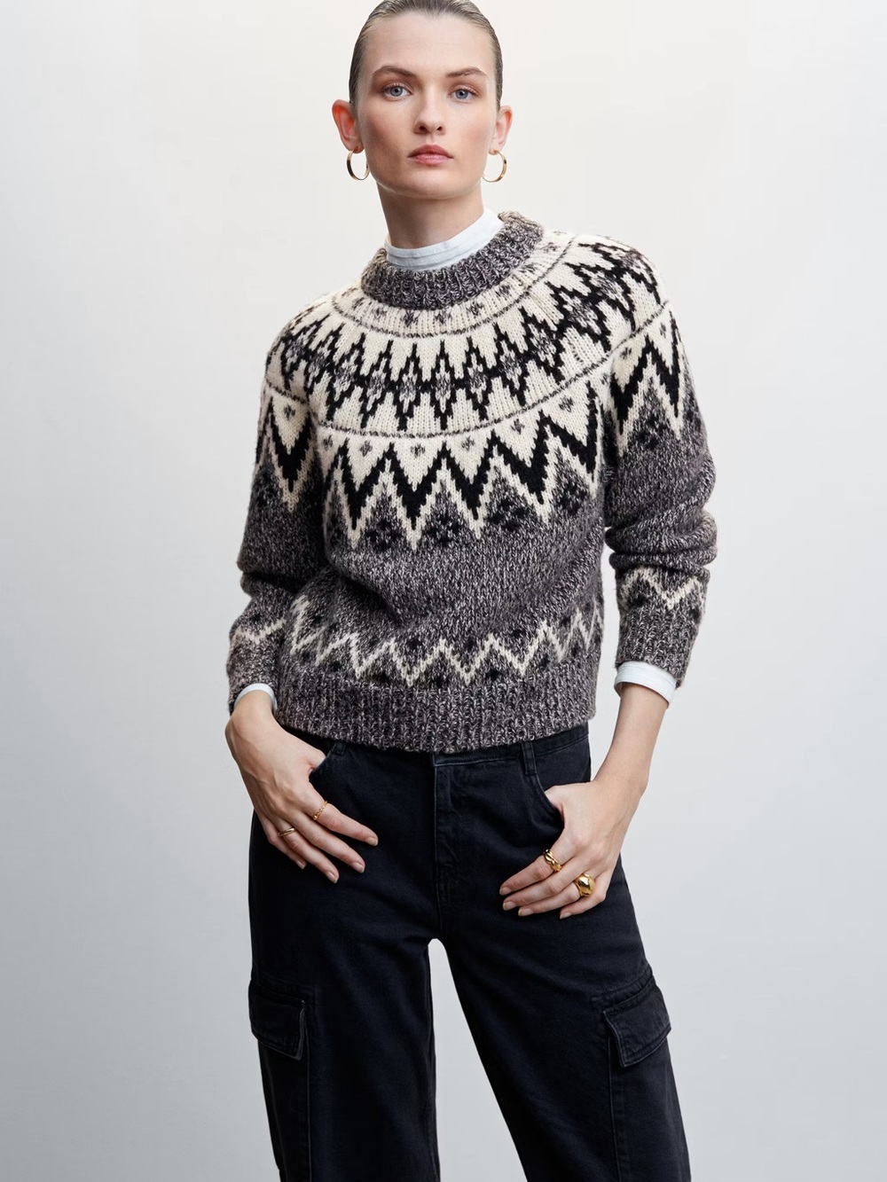 Chunky Fair Isle Sweater in Gray and Cream